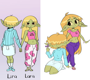 :< :> ahoge black_eyes blonde_hair blue_clothing blue_sweater blue_topwear bottomwear breasts clothing crop_top duo ear_piercing ear_ring ears_down ears_up eyelashes female female_humanoid green_body green_skin hair hand_holding humanoid_pointy_ears kneeling long_hair looking_at_viewer pants piercing pink_clothing pink_crop_top pink_shirt pink_topwear pivoted_ears pointy_ears pupils purple_bottomwear purple_clothing purple_pants red_pupils ring_piercing shirt short_hair skirt small_breasts smile sweater topwear white_bottomwear white_clothing white_skirt wide_hips 20pesos_sopa lara_(20pesos_sopa) lira_(20pesos_sopa) goblin humanoid absurd_res hi_res sibling_(lore) sister_(lore) sisters_(lore) twins_(lore)