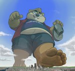 5_toes anthro belly bottomwear city cityscape clothing cloud dj-rodney eyewear feet giga glasses gopher hi_res ill-fitting_clothes landscape landscape_dwarfing low-angle_view macro male mammal overweight overweight_anthro overweight_male paws rodent shorts sky soles solo stomping toes