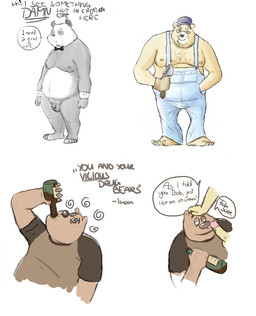 anthro balls black_body black_fur brown_body brown_fur clothing dialogue drinking drunk erection fur genitals group hat headgear headwear male male/male overalls overweight overweight_male penis simple_background substance_intoxication text white_background white_body white_fur osos bear giant_panda mammal 2008 archived_source english_text
