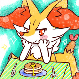 ambiguous_anthro ambiguous_gender anthro biped blush blush_stickers butter closed_smile cutlery dairy_products dipstick_tail food fork front_view head_in_hands kitchen_utensils knife looking_at_viewer markings mouth_closed object_in_tail pancake shrimp_(food) simple_background sitting smile snout solo sparkles tail tail_markings tools annyui0611 nintendo pokemon braixen canid generation_6_pokemon mammal pokemon_(species) 1:1 2023 digital_drawing_(artwork) digital_media_(artwork) hi_res japanese_description translated_description