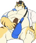 anthro belly clothing eyewear eyewear_on_head fur jacket male obese orange_body orange_fur overweight sitting solo striped_body striped_fur stripes sunglasses sunglasses_on_head thong topwear underwear qeaa65550 tamacolle hitachi_(tamacolle) felid mammal pantherine tiger hi_res