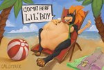 abdominal_bulge anthro ball beach beach_ball female inflatable solo speech_bubble summer vore calcatrix canid canine canis dobermann domestic_dog mammal pinscher hi_res