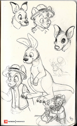 anthro closed_smile clothed clothing duo glistening glistening_eyes hat headgear headwear logo male mouth_closed nude open_clothing open_mouth open_smile open_topwear open_vest patreon_logo sitting smile spotted_shoulder standing topwear vest young young_anthro young_male pandapaco patreon felid kangaroo macropod mammal marsupial artist_logo hi_res signature sketch_page spot_color