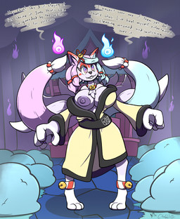 3_toes 4_fingers 9_tails after_transformation anthro asian_clothing big_breasts black_nose blue_hair breasts clothing dialogue east_asian_clothing feet female fingers fur fur_tuft hair human_to_anthro japanese_clothing kimono kimono_only multi_tail night nipples outside pawpads purple_body purple_eyes purple_fur purple_hair purple_nipples sharp_teeth shrine smile solo species_transformation tail teeth toes transformation tuft unaware_transformation chabble nintendo pokemon iono_(pokemon) fox_spirit human mammal hi_res