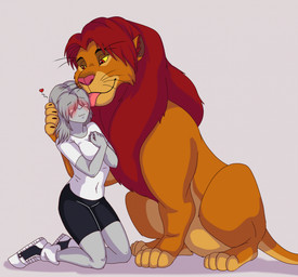 blush claws clothing duo face_lick featureless_crotch female feral kneeling licking male male/female sitting smile tongue cajuzinho02 disney the_lion_king felid human lion mammal pantherine hi_res