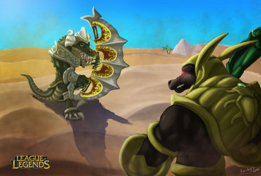 angry anthro armor biceps claws desert detailed_background duo egyptian glowing jewelry male melee_weapon muscular open_mouth outside palm_tree plant polearm pyramid scales sky staff sun sword tail text toony tree weapon wood karukuji league_of_legends riot_games tencent nasus_(lol) renekton alligator alligatorid anubian_jackal canid canine canis crocodile crocodilian deity jackal mammal reptile scalie detailed hi_res wallpaper widescreen brother_(lore) brothers_(lore) sibling_(lore)