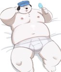 anthro barefoot bed belly big_belly black_nose blush briefs briefs_only bulge clothed clothing detailed_bulge feet floppy_ears food fur furniture hat headgear headwear humanoid_hands kemono lying male monotone_briefs monotone_clothing monotone_underwear moobs navel nipples overweight overweight_male popsicle small_head solo tan_body tan_fur tighty_whities tongue tongue_out toony topless underwear underwear_only white_briefs white_clothing white_underwear sv_grart peanuts_(comic) olaf_(peanuts) canid canine canis domestic_dog mammal 2022 hi_res