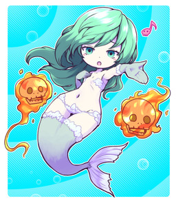 bone clothing female fire gloves green_body green_clothing green_eyes green_gloves green_hair green_handwear green_scales hair handwear long_hair mostly_nude navel pale_skin scales skull solo split_form nollety atlus megami_tensei sega aquatic humanoid merfolk digital_media_(artwork)