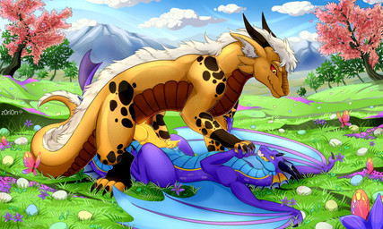 balls blush bodily_fluids detailed_background duo easter_egg erection female feral genital_fluids genitals hair holidays horn love male male/female nipples nude penis sex tail tongue vulva wings z0ri0n easter mythology durza komu dragon mythological_creature mythological_scalie scalie 5:3 digital_media_(artwork) hi_res
