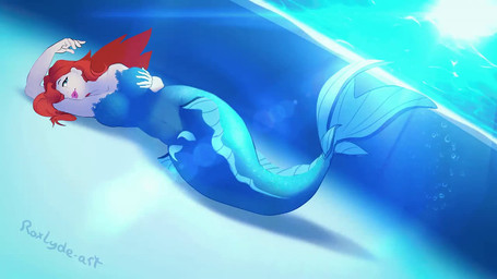 big_breasts blue_body blue_eyes blue_scales breast_grab breasts bubble female fin grabbing_own_breast hair hair_over_eye hand_on_breast hand_on_own_breast lens_flare light lips long_hair low_framerate lying mermaid_tail navel on_side pink_lips pseudo_clothing red_hair scales solo split_form sunlight swimming_pool text underwater water roxlyde aquatic humanoid_merfolk merfolk 16:9 2026 animated artist_name loop no_sound short_playtime video widescreen