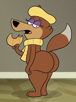 anthro beret big_butt bread bubble_butt butt clothing croissant crossgender eyeshadow female food half-closed_eyes hat headgear headwear looking_back looking_down makeup narrowed_eyes open_mouth pastry purple_eyeshadow scarf solo standing tongue scobionicle99 hanna-barbera jellystone_(hbo_max) loopy_de_loop loopy_(loopy_de_loop) canid canine canis mammal wolf 2025 3:4 hi_res
