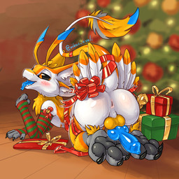 anthro anus armwear backsack balls bell blue_penis blue_tongue blush blush_lines butt butt_focus christmas_clothing christmas_present claws clothing feathers fur genitals gift holidays knot knotted_penis male orange_body orange_fur pawpads paws penis raised_tail rear_view ribbons solo tail tongue tongue_out white_body white_fur yellow_body yellow_fur vikas christmas vikas_avali avali 1:1 hi_res