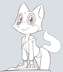 anthro book bottomless clothed clothing female flat_chested freckles furniture pencil_(object) solo sparkles sweater table tail topwear young theartmanor canid canine fox mammal hi_res