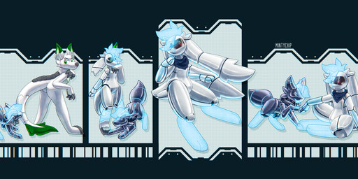 abstract_background ambiguous_gender anthro drone dronification duo feral glistening glistening_body glowing green_tail machine metallic_body mouthless scarf tail transformation transformation_sequence visor mintychipart nintendo pokemon android animate_inanimate generation_4_pokemon generation_5_pokemon legendary_pokemon pokemon_(species) robot robot_anthro shaymin shiny_pokemon sky_forme_shaymin zorua 2026 absurd_res digital_drawing_(artwork) digital_media_(artwork) hi_res krita_(artwork)