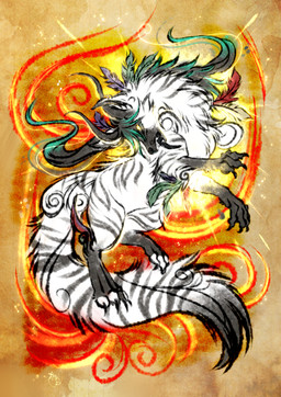 action_pose anthro claws feathers magic male paws pose solo striped_body stripes sumi-e tail thehavanawolf capcom okami_(capcom) aardwolf hybrid hyena mammal absurd_res hi_res huge_filesize