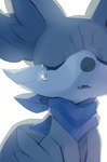 black_nose blue_scarf bodily_fluids crying eyes_closed feral fur fur_tuft inner_ear_fluff open_mouth quadruped scarf shadow sharp_teeth simple_background solo tears teeth tongue tuft white_background makotoo nintendo pmd:_icma pokemon pokemon_mystery_dungeon spike_chunsoft lir_(icma) fennekin generation_6_pokemon pokemon_(species) colored digital_media_(artwork) digital_painting_(artwork) painting_(artwork)