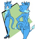 anthro blue_body breasts butt clothed clothing female footwear hand_on_butt high_heels mostly_nude orange_body shoes small_breasts solo topless tugging_clothing fourssss skitter_the_gecko gecko lizard reptile scalie 2025 hi_res