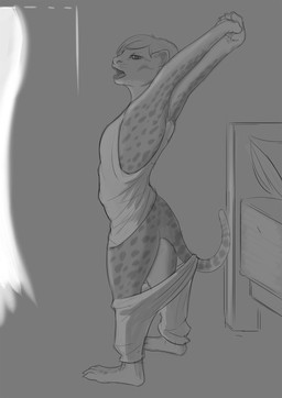anthro bed bottomwear butt clothing female furniture grey_background hair open_mouth pants plantigrade shirt short_hair shrinking simple_background size_transformation solo standing stretching topwear transformation krazyivan felid feline leopardus mammal ocelot 2020 hi_res monochrome