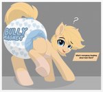 blonde_hair blue_diaper blue_eyes bully_magnet clothed clothing dialogue diaper diaper_fetish diaper_only feral freckles fur hair heart_symbol looking_at_viewer male question_mark solo tan_body tan_fur text topless wearing_diaper nineplusten hasbro my_little_pony fan_character earth_pony equid equine horse mammal pony english_text hi_res