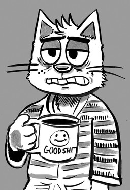 anthro bathrobe clothing coffee_cup container cup eye_bags grey_background half-closed_eyes holding_coffee_cup holding_container holding_cup holding_object male narrowed_eyes profanity robe simple_background smiley_face solo tired toony whiskers billy_fore marco_marcowitz domestic_cat felid feline felis mammal monochrome