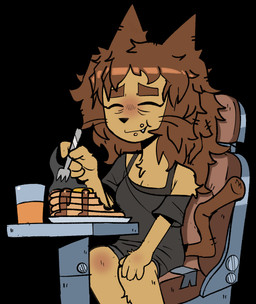 anthro beverage breakfast brown_hair cat_tail clothing cute_fangs eating fangs feline_ears female food fur hair happy holding_fork juice_(beverage) messy_hair orange_juice pancake purple_eyes seat shirt sitting solo t-shirt tan_body tan_fur teeth topwear whiskers iluvrabbitz gameoverse glitch_productions kit_bodega domestic_cat felid feline felis mammal 2026 absurd_res hi_res