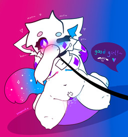 anthro blue_body blue_fur blush bodily_fluids breasts chest_tuft clitoris collar collar_only crystal dialogue dildo dildo_in_vagina dildo_insertion dildo_sitting duo female fluffy fluffy_tail front_view fur genital_fluids genitals good_girl gradient gradient_background gradient_body gradient_fur leash moan mouth_closed nude nude_anthro nude_female offscreen_character offscreen_dominant offscreen_female one_eye_closed penetration pink_body pink_fur purple_body purple_eyes purple_fur sex_toy sex_toy_in_vagina sex_toy_insertion simple_background sitting solo_focus star sweat tail text tuft vaginal vaginal_fluids vaginal_penetration vulva white_body white_fur zeropointfluff crystal_(zeropointfluff) zeropoint_(zeropointfluff) canid canine felid feline hybrid mammal 2024 digital_drawing_(artwork) digital_media_(artwork) english_text hi_res nonbinary_(lore)
