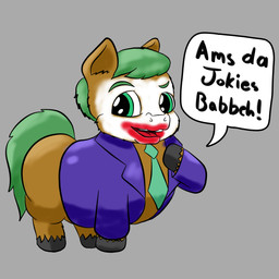 ambiguous_feral ambiguous_gender baby_talk clothing clown_makeup cosplay dialogue feral green_eyes green_hair green_necktie green_tail grey_background hair hand_on_chest jacket looking_away necktie purple_clothing purple_jacket purple_topwear simple_background solo standing tail text topwear young young_ambiguous young_feral qwertytf batman_(series) dc_comics fluffy_pony the_joker fluffy_pony_(species) mammal 1:1 2025 crossover digital_media_(artwork) english_text hi_res shaded