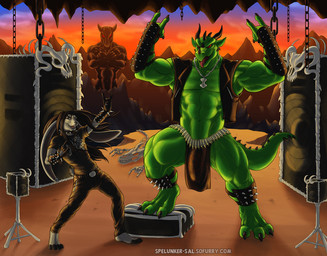 abs anthro armor athletic band barefoot belt biceps big_muscles biped black_hair bone bottomwear bracers bulge claws clothed clothed_anthro clothed_male clothing concert detailed_background detailed_bulge devil_horns_(gesture) duo_focus ear_piercing feet flexing fur genital_outline gesture gloves green_body green_skin group hair hand_gesture handwear horn inverted_pentacle jewelry larger_anthro larger_male loincloth male metal muscular muscular_anthro muscular_male navel necklace non-mammal_navel occult_symbol open_mouth pants pecs penis_outline pentacle pentagram piercing rock_out rocking_out shirt shirtless_anthro shirtless_male size_difference skeleton skull sky smaller_anthro smaller_male speaker spiked_gloves spikes standing symbol tail topwear vein vest spelunker_sal european_mythology heavy_metal mythology spelunker_sal_(character) varanis_blackclaw dragon lagomorph leporid mammal mythological_creature mythological_scalie rabbit reptile scalie western_dragon wingless_dragon 2014 digital_media_(artwork)
