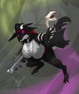 anthro big_breasts bone_wyrm bottomwear breasts character_poster cleavage cloak clothed clothing corset curled_tail curvy_figure fantasy female footwear glowing glowing_eyes gun hair hat headgear headwear laced_corset lingerie parasite ranged_weapon red_hair rifle rogue shorts slightly_chubby socks tail topwear weapon witch_hat covenant_(artist) mythology calavera_(covenant) dragon mythological_creature mythological_scalie scalie worm absurd_res hi_res
