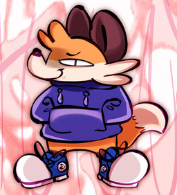 abstract_background anthro black_nose bottomless chibi clothed clothing dipstick_tail footwear fur hand_in_pocket hoodie leg_markings looking_at_viewer male markings orange_body orange_fur pockets pupils shoes slit_pupils smile smug sneakers socks_(marking) solo standing tail tail_markings topwear salamikii soups_(superiorfox) canid canine fox mammal hi_res