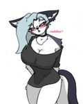 anthro arm_tuft big_breasts big_butt black_clothing black_shirt black_topwear blush breasts butt clothed clothing ears_down female head_tilt off_shoulder pivoted_ears shirt shoulder_tuft simple_background small_waist solo tail talking_to_viewer topwear tuft white_background wide_hips pace-maker helluva_boss mythology loona_(helluva_boss) canid canid_demon canine demon hellhound mammal mythological_canine mythological_creature