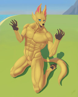 5_fingers abs animal_genitalia animal_penis anthro balls beach biped black_nose blue_eyes canine_genitalia canine_penis claws countershading fangs fingers fully_sheathed fur genitals grassland male mountain nude pawpads paws pecs penis sea sheath sky snout solo tail teeth water yellow_body hnw golden_sun canid canine japanese_kobold kobold_(golden_sun) mammal absurd_res digital_media_(artwork) digital_painting_(artwork) hi_res painting_(artwork)