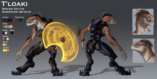 3_fingers 3_toes anthro arm_quills arm_shield armor black_quills claws clothed clothed_anthro clothed_male clothing cutaway energy_shield feet finger_claws fingers gradient_background male pupils quill_hair scales sharp_teeth simple_background slit_pupils solo tan_body tan_scales teeth text toes yellow_eyes interstellarmachine halo_(series) microsoft xbox_game_studios t'loaki alien ibie'shan kig-yar reptile scalie colored english_text headshot_portrait hi_res model_sheet portrait shaded