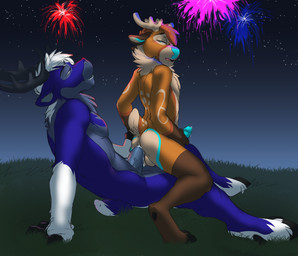 anal anal_penetration anthro antlers anus backsack balls blue_body blue_fur blue_markings blue_penis bodily_fluids brown_body brown_fur brown_hair butt cum cum_in_ass cum_inside duo fireworks fur genital_fluids genitals grass hair hooves horn male male/male male_on_bottom male_on_top male_penetrated male_penetrating male_penetrating_male markings masturbation nude on_bottom on_top outside penetration penile penile_masturbation penis plant reverse_cowgirl_position sex straddling white_hair jailbird lockhart rho_(warg) deer mammal new_world_deer reindeer 2018 digital_media_(artwork)