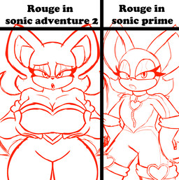anthro big_breasts bodysuit breasts cleavage clothed clothing female flat_chested huge_breasts looking_at_viewer skinsuit solo text tight_clothing wings slurpyart sega sonic_the_hedgehog_(series) rouge_the_bat bat mammal english_text sketch