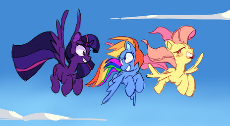 cloud female feral flying group horn sky smile trio windswept_hair wings shacklefunk friendship_is_magic hasbro my_little_pony mythology fluttershy_(mlp) rainbow_dash_(mlp) twilight_sparkle_(mlp) equid equine mammal mythological_creature mythological_equine pegasus winged_unicorn hi_res