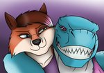 anthro duo eye_contact female femboy grin hair_dye hug looking_at_another makeup male selfie sharp_teeth smile teeth lovemummification ava_shaw sam_alfred canid canine dinosaur fox mammal prehistoric_species reptile scalie theropod tyrannosaurid tyrannosauroid tyrannosaurus tyrannosaurus_rex