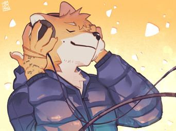 5_fingers black_clothing black_hoodie black_topwear body_writing clothing electronics eyes_closed fingers fur headgear headphones headset hoodie listening_to_music male solo topwear white_body white_fur yellow_body yellow_fur hemuchang canid canine canis mammal wolf 2023 hi_res