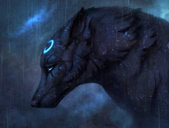 ambiguous_gender bioluminescence black_body black_fur black_nose blue_eyes dark ears_down feral fur glowing markings night pivoted_ears raining sad side_view sky snout solo wet jademerien canid canine canis mammal wolf 2020 bust_portrait digital_media_(artwork) portrait