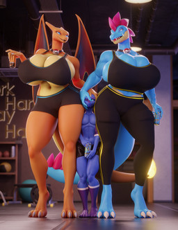3_toes anthro beverage beverage_can big_breasts blue_eyes bottomwear bra breasts cleavage clothed clothing collar eyebrows fangs feet female female_anthro fully_clothed group gym hair head_grab holding_beverage holding_object huge_breasts inside larger_female looking_at_viewer male membrane_(anatomy) membranous_wings midriff mohawk navel one_eye_closed pants pink_hair pokeball sharp_teeth shirt short_hair shorts size_difference smaller_male smile sports_bra sportswear standing tank_top teeth thick_thighs toes topwear trio under_boob underwear wings vllrukkin valorlynz_(modeler) monster_energy mythology nintendo pokemon yukigatr_(evov1) yukizard_(evov1) zoid_(e-zoid) charizard dragon feraligatr generation_1_pokemon generation_2_pokemon mythological_creature mythological_scalie pokemon_(species) scalie wingless_dragon 2026 3d_(artwork) absurd_res digital_media_(artwork) hi_res