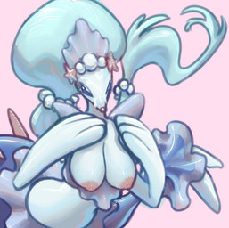 3_fingers areola blue_eyes bodily_fluids breasts busty_feral cum cum_on_face exposed_breasts female feral fingers front_view genital_fluids hands_above_breasts hands_on_own_breasts montgomery_glands nipples one_eye_closed pink_background simple_background solo epitapphos nintendo pokemon generation_7_pokemon pokemon_(species) primarina 2026 colored digital_drawing_(artwork) digital_media_(artwork) hi_res