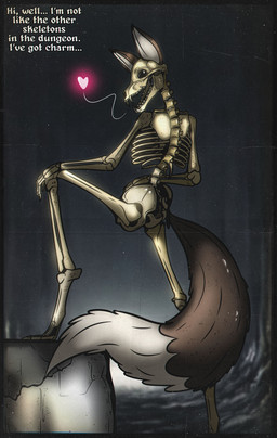 anthro black_eyes bone brown_body brown_fur ears_up empty_eyes fangs female femur_(bone) fur heart_symbol nude raised_leg rib_cage skeleton smile solo tail teeth text 0l-fox-l0 canid canine fox mammal absurd_res digital_media_(artwork) hi_res
