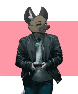 anthro clothing eyelashes freckled_face freckles jacket long_eyelashes male smile solo topwear tuft furrholic aggretsuko sanrio haida_(aggretsuko) hyena mammal spotted_hyena