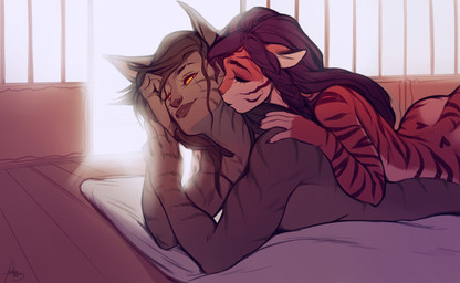 5_fingers anthro biped breasts butt duo female fingers fur hair inside lying markings nude nude_anthro nude_female on_front smile striped_body striped_fur striped_markings striped_tail stripes tail tail_markings furlana felid feline mammal hi_res