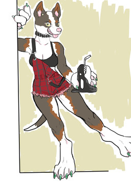 alternative_fashion anthro belt beverage bottomwear bra breasts claws cleavage clothed clothing collar colored_nails ear_piercing feet female fur jewelry looking_at_viewer nails necklace overalls piercing pink_nose shorts simple_background smile solo tail teeth tongue tongue_out underwear white_body white_fur kyokyota canid canine canis domestic_dog mammal pit_bull 2019 absurd_res digital_drawing_(artwork) digital_media_(artwork) hi_res