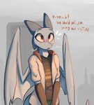 2020 anthro blue_body blush clothed clothing dialogue digital_media_(artwork) dragon enginetrap english_text european_mythology female hi_res horn membrane_(anatomy) membranous_wings mythological_creature mythological_scalie mythology scalie shaded solo syl_(enginetrap) text western_dragon wings