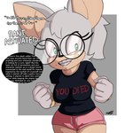 anthro big_breasts braces breasts clothing eyewear female glasses gloves green_eyes handwear looking_at_viewer nerd shirt solo text topwear inuyuru bloodborne fromsoftware sega sonic_the_hedgehog_(series) sony_corporation sony_interactive_entertainment rouge_the_bat bat mammal 1:1 absurd_res english_text hi_res