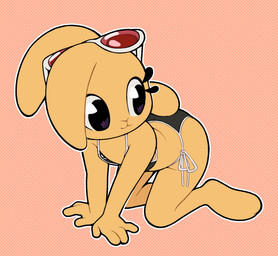 3_toes 4_fingers all_fours anthro barefoot big_eyes bikini biped black_bikini black_clothing black_eyes black_swimwear clothed clothed_anthro clothed_female clothing colored_edge_bikini dotted_background eyelashes eyewear eyewear_on_head feet female female_anthro fingers flat_chested floppy_ears fur head_turned looking_back midriff mouth_closed multicolored_eyewear multicolored_sunglasses outline pattern_background pink_background plantigrade red_eyewear red_sunglasses short_tail simple_background solo sunglasses sunglasses_on_head swimwear tail toes transparent_background triangle_bikini two-piece_swimsuit two_tone_bikini two_tone_eyewear two_tone_sunglasses wearing_sunglasses white_bikini white_clothing white_eyewear white_outline white_sunglasses white_swimwear yellow_body yellow_ears yellow_fur yellow_tail gaturo bonita_(gaturo) lagomorph leporid mammal rabbit 2025 alpha_channel hi_res