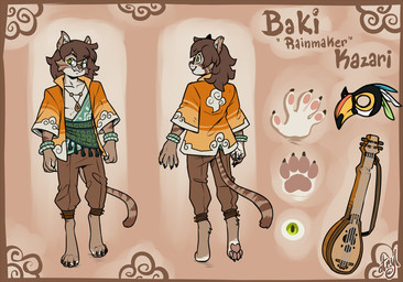 anthro athletic bangle bard belt_pouch bottomwear brown_hair claws clothing cloud coat eyewear formal_wear fur glasses green_clothing green_eyes hair jewelry long_hair looking_at_viewer lute male male_anthro mask musical_instrument musician necklace orange_clothing pants pattern_clothing plucked_string_instrument sash shirtless shirtless_anthro shirtless_male solo string_instrument striped_body striped_fur stripes tan_body tan_fur toga topwear wearing_glasses white_body white_fur atryl paizo pathfinder baki_kazari domestic_cat felid feline felis mammal tabby_cat 2025 model_sheet