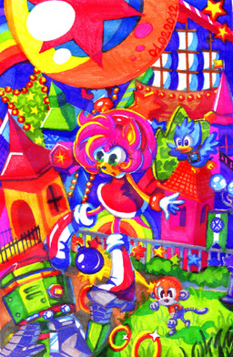 accessory amazing_background anthro balloon biped black_eyes blue_body blue_eyes blue_feathers bomb boots castle clothing detailed_background dress explosives feathers female feral footwear fur gloves grass green_body green_eyes group handwear headband inflatable jewelry machine male necklace open_mouth orange_body pink_body pink_fur plant red_clothing red_dress ring ring_(sonic) scenery_porn ship shoes sparkles star superflat surrealism thin_thighs throwing_object twinkle_park vehicle watercraft white_clothing white_gloves white_handwear geexy-thingie sega sonic_adventure sonic_the_hedgehog_(series) amy_rose birdie_(sonic_adventure) zero_(sonic) avian badnik bird e-series eulipotyphlan flicky haplorhine hedgehog kiki_(sonic) mammal monkey primate robot 2012 colorful_theme dated detailed hi_res traditional_media_(artwork)